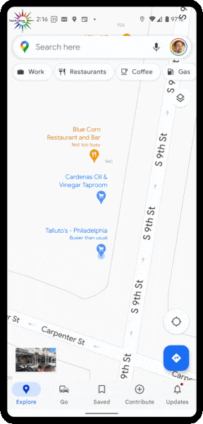 Street View with blue dots and lines on cellphone